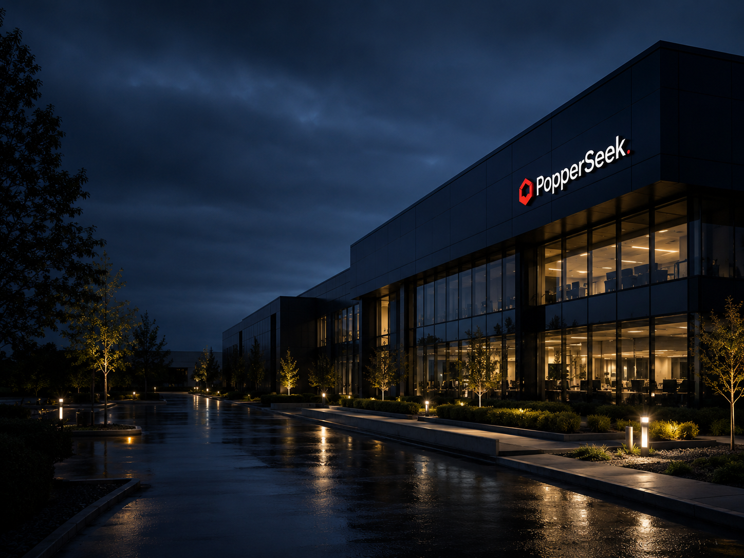 PopperSeek headquarters exterior at night